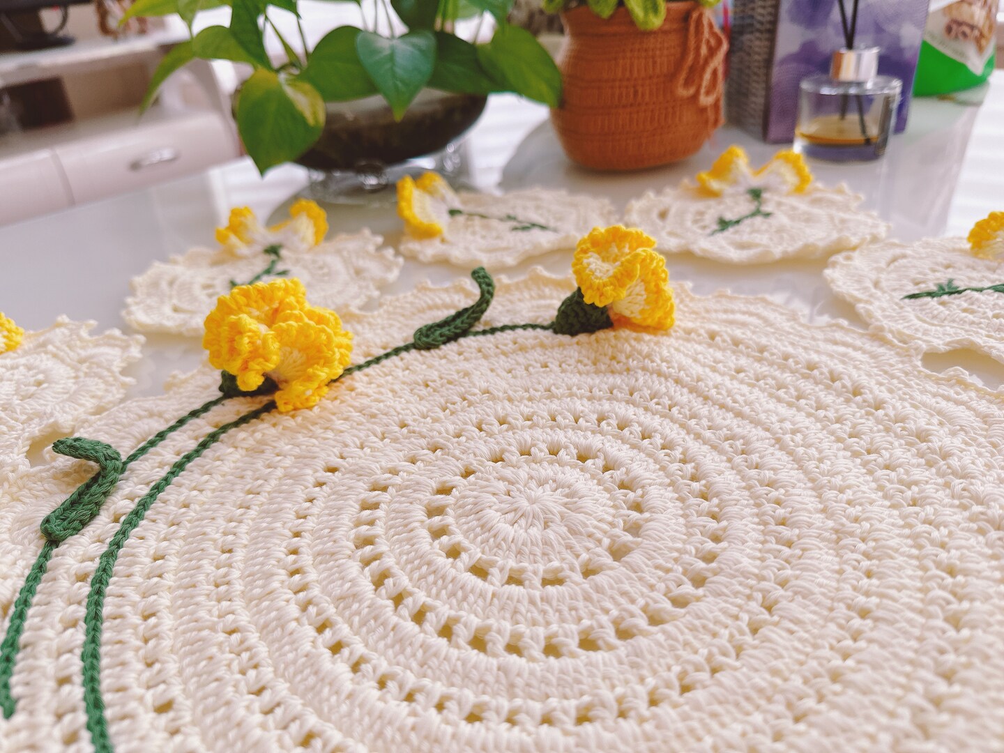 Handmade Crochet Carnations Flower Doilies Coaster Placemat