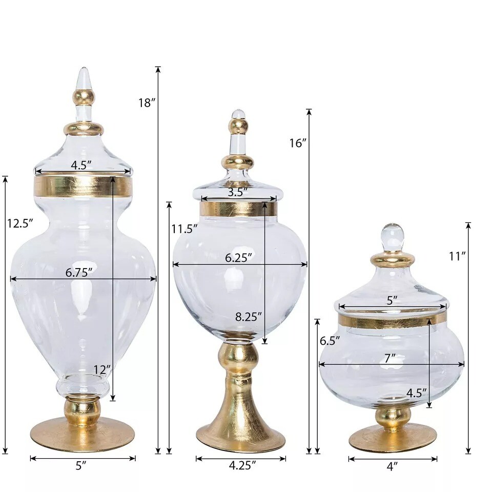 3 pcs 11" 16" 18" Clear with Gold Glass Apothecary Jars Containers with Lids