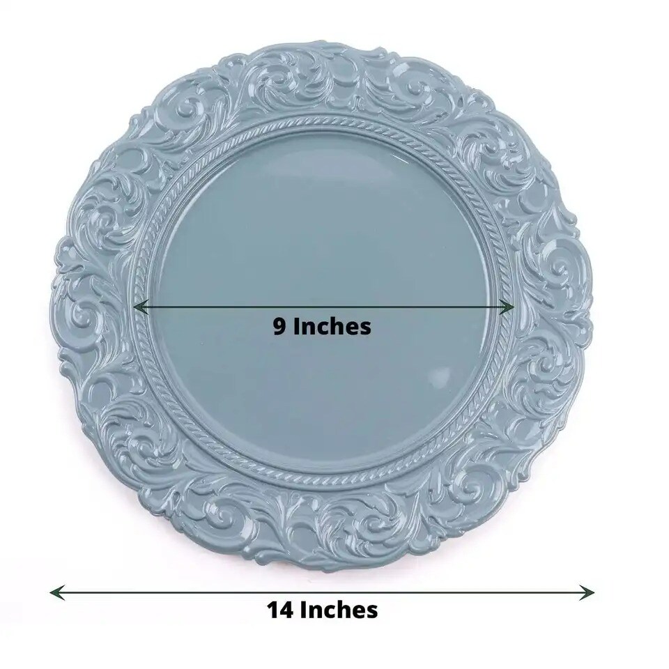 6 DUSTY BLUE 14&#x22; Round Baroque Metallic Charger Plates
