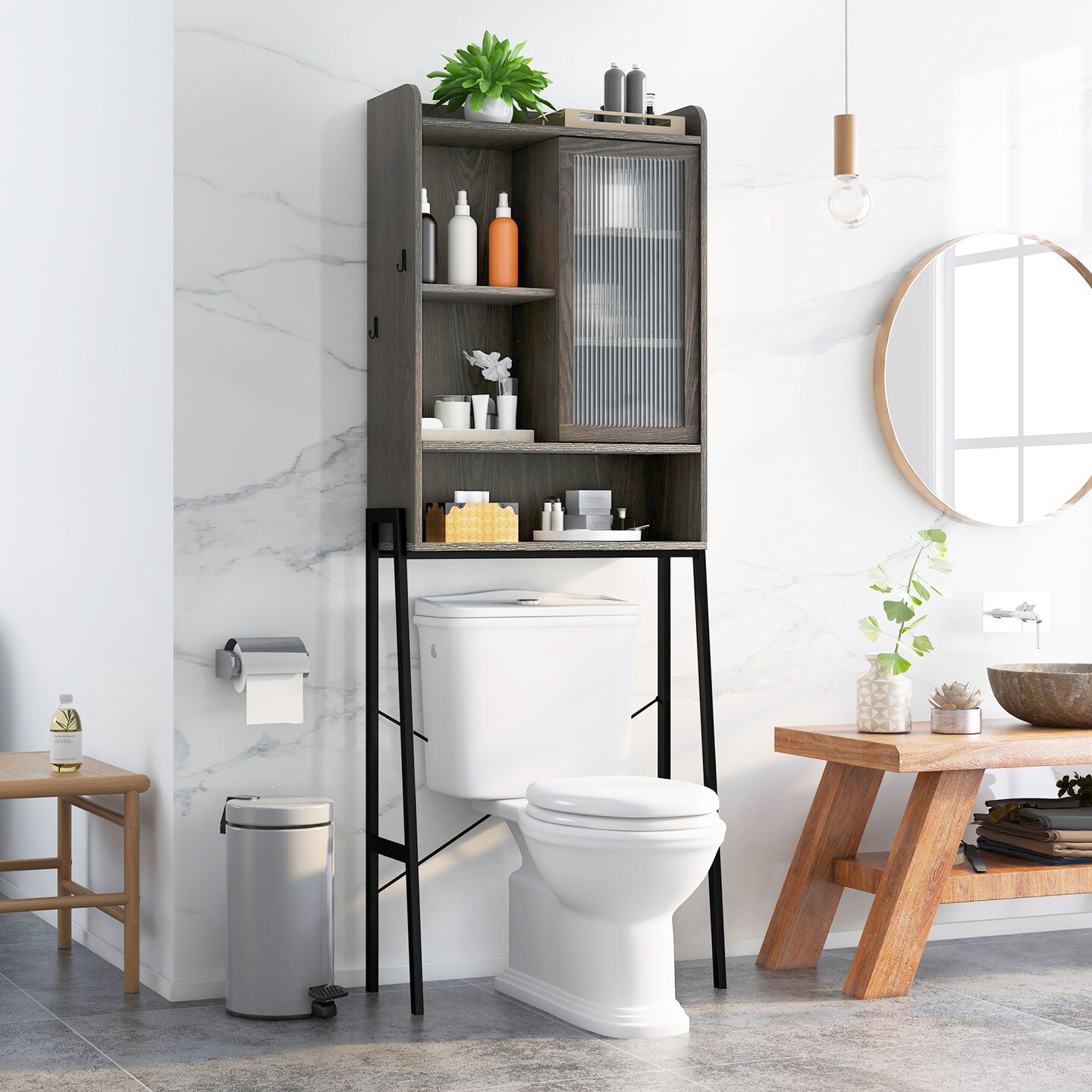 Over The Toilet Storage Cabinet With Sliding Acrylic Door And Adjustable Shelves-Gray