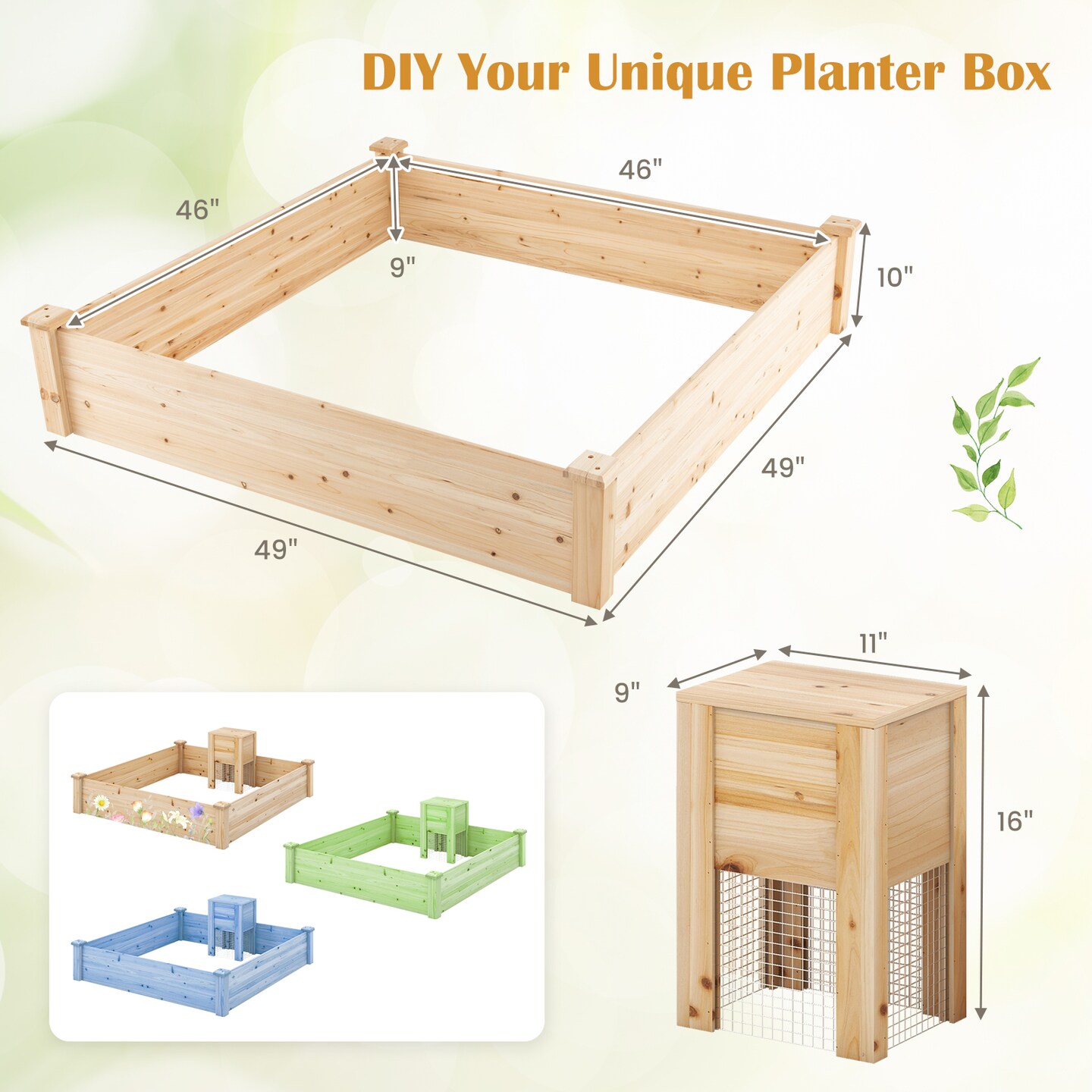 49&#x22; X 49&#x22; X 10&#x22; Raised Garden Bed With Compost Bin And Open-ended Bottom-Natural