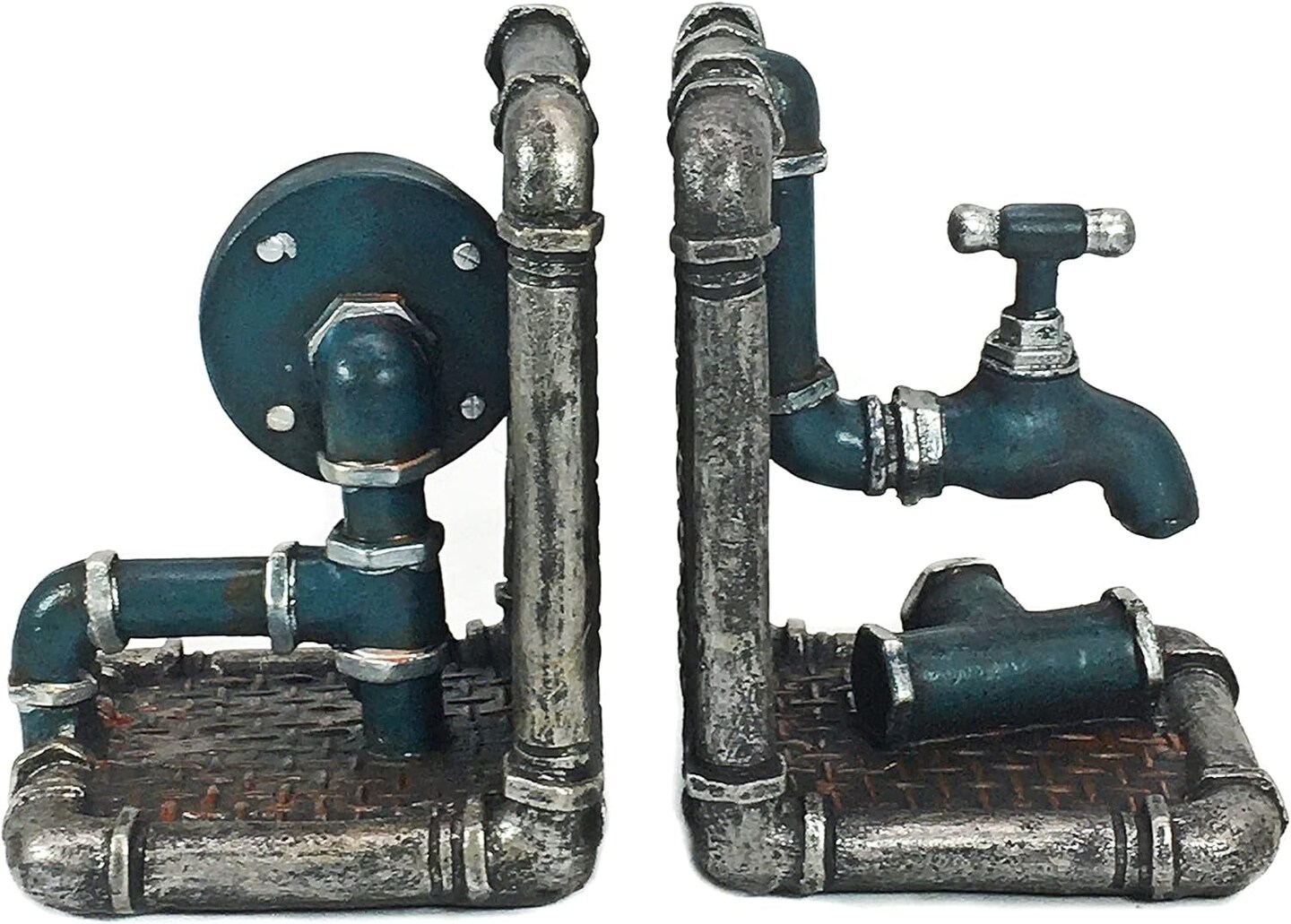 Industrial Tap Pipe Bookends, Decorative Book Ends for Bookshelves, Rustic and Vintage Decor for Home, Office Desk, and Bookcases Decoration, Handmade 8 Inch Polyresin, 2 Pcs