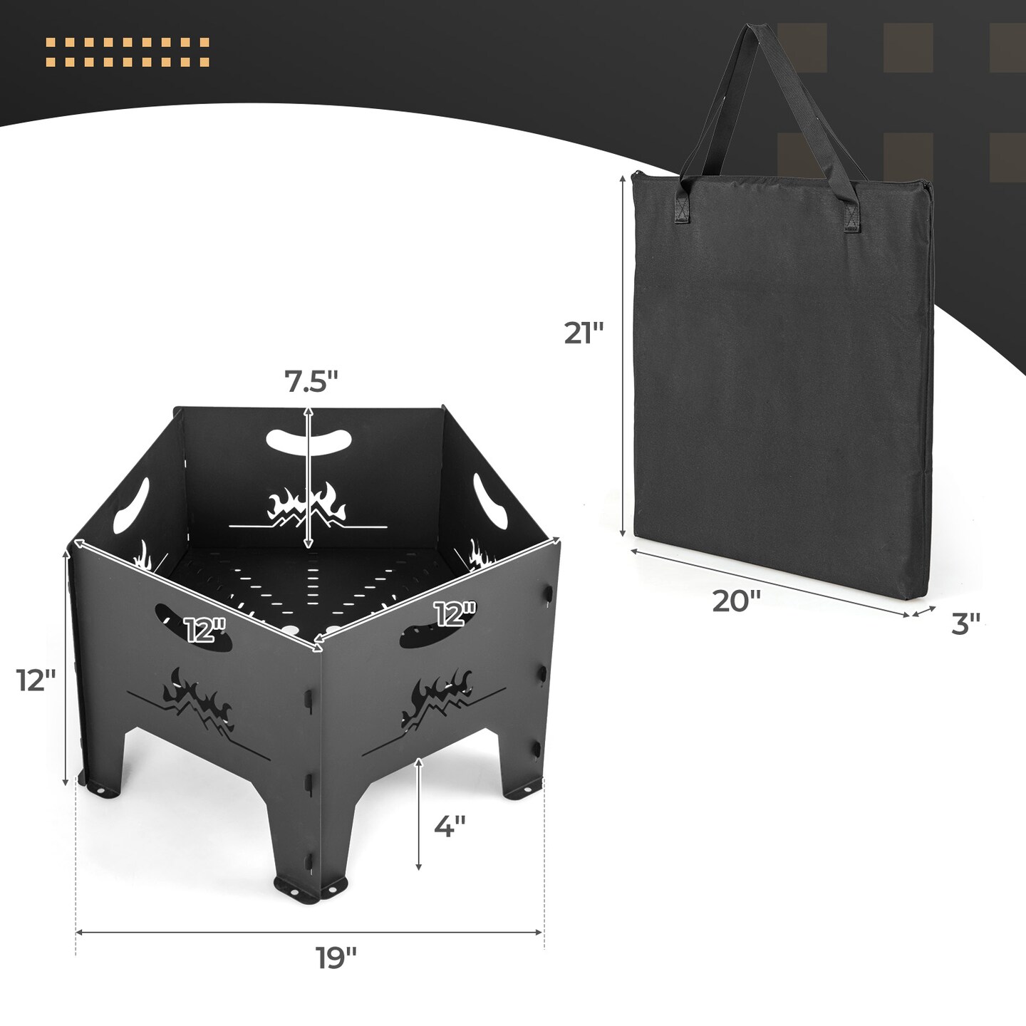 19" Black Camping Fire Pit Carbon Steel Wood Burning Outdoor Fire Bowl with Bag