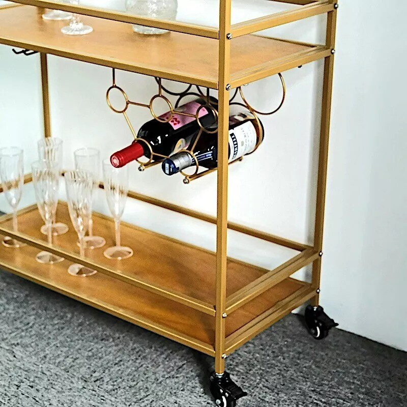 GOLD 3ft tall 2-Tier Rectangular Metal Bar Cart Wooden Serving Trays