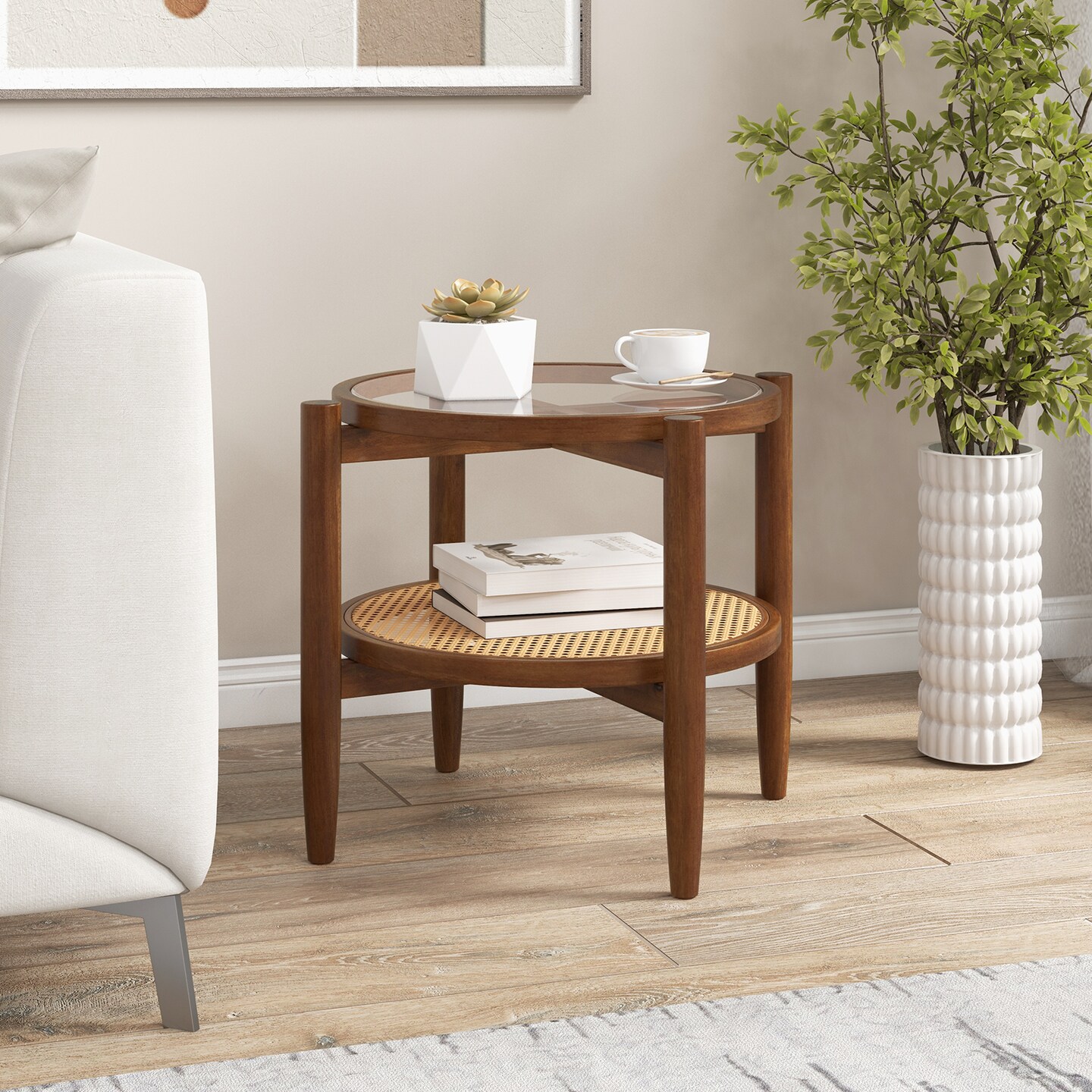 Rattan Round Side End Table With Tempered Glass Tabletop