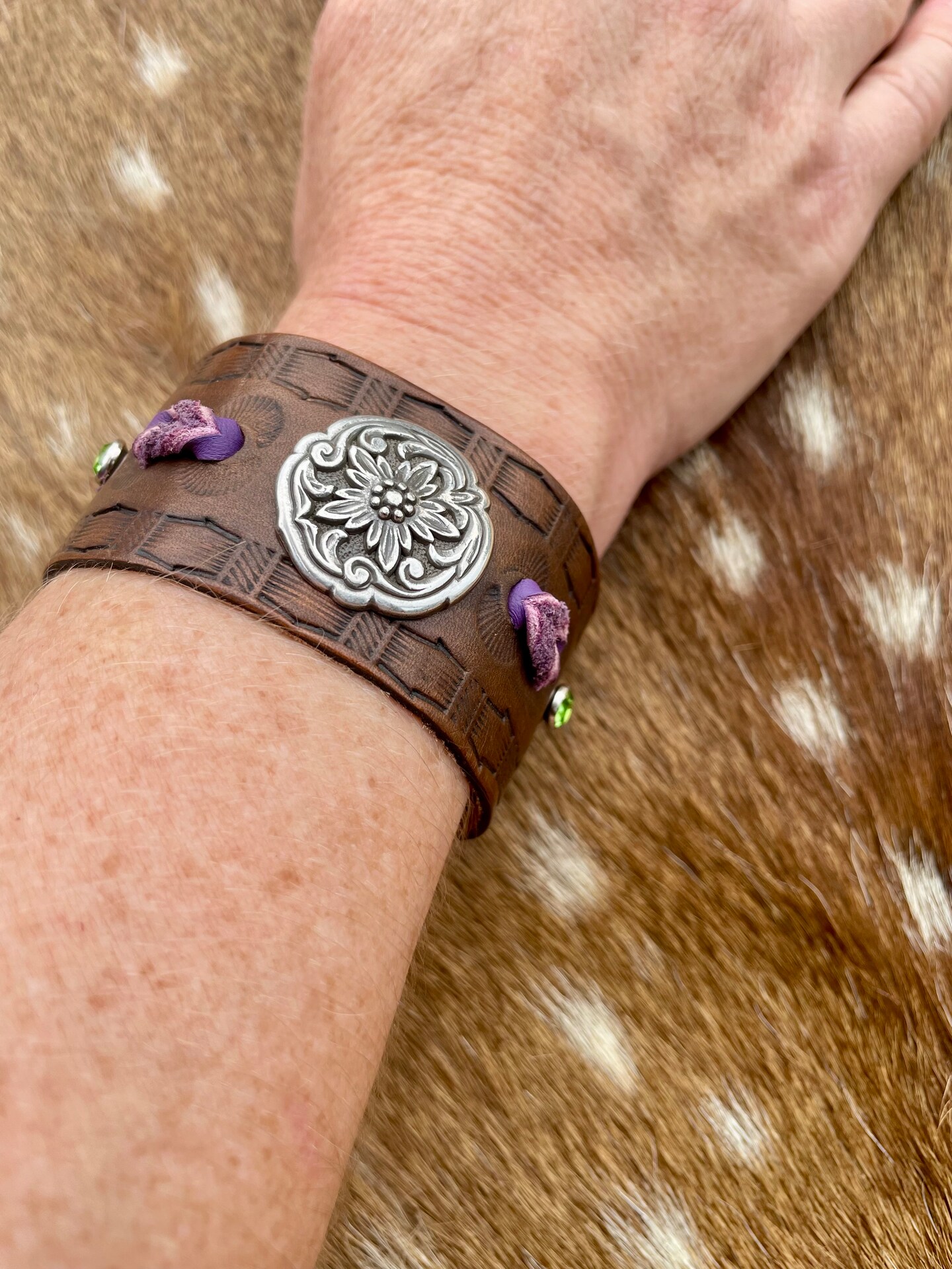 Brown Leather cuff bracelet, western tooled gift for women, floral
