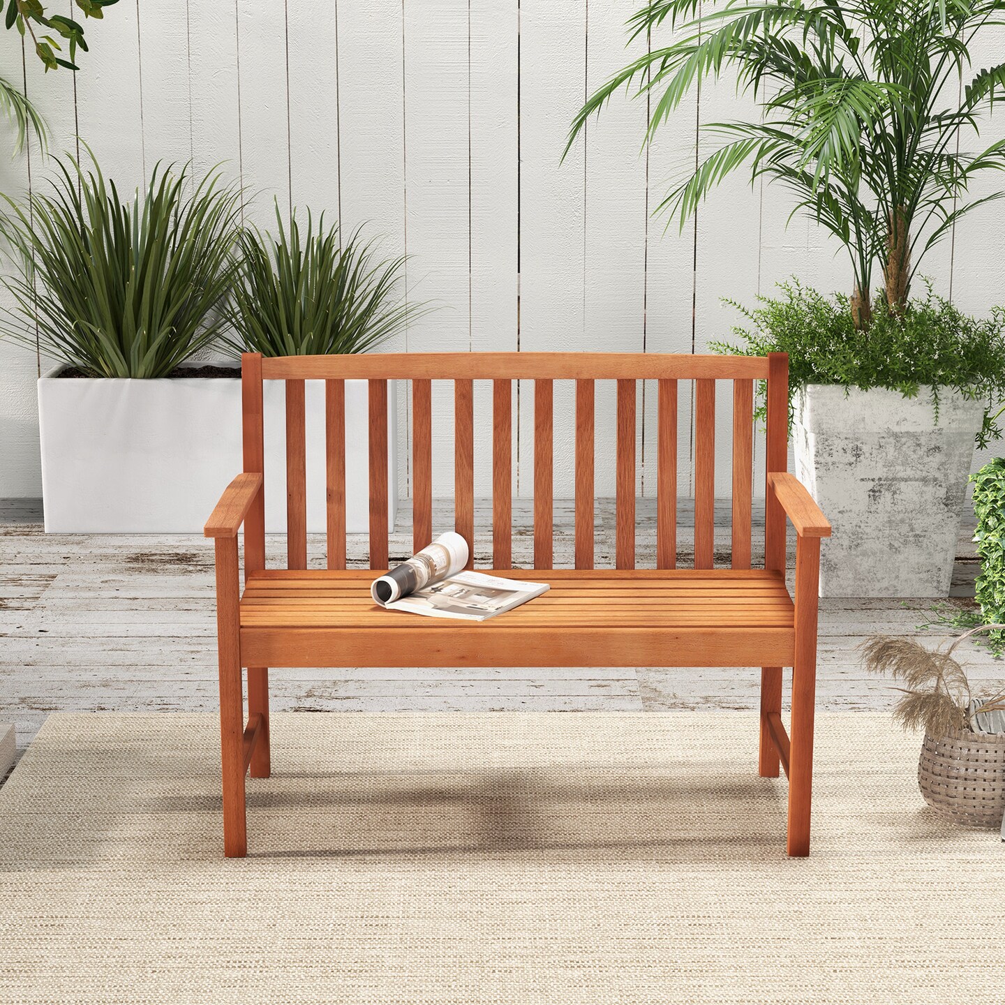 2-seat Patio Wood Bench with Cozy Armrests and Slatted Backrest