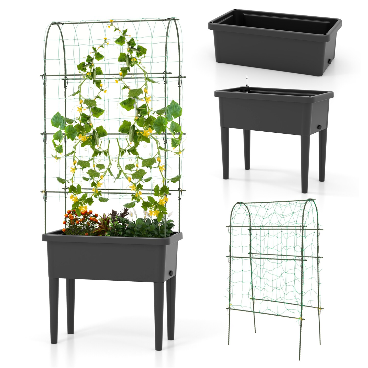 Self-watering Raised Garden Bed Elevated Planter With Climbing Trellis-black