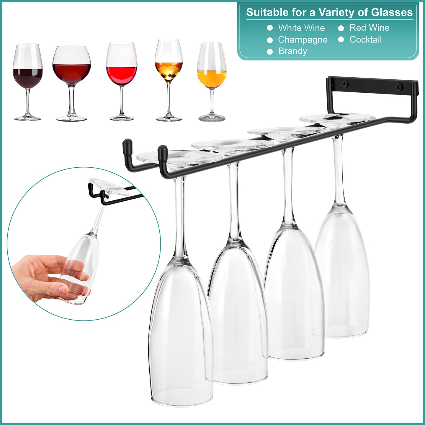 Sorbus 12 Inch Wall Mounted Under Cabinet Wine Glass Holder - for Organization and Storage - Holds Up to 4 Stemware Wine Glasses Each, 8 Total (2 Pack)