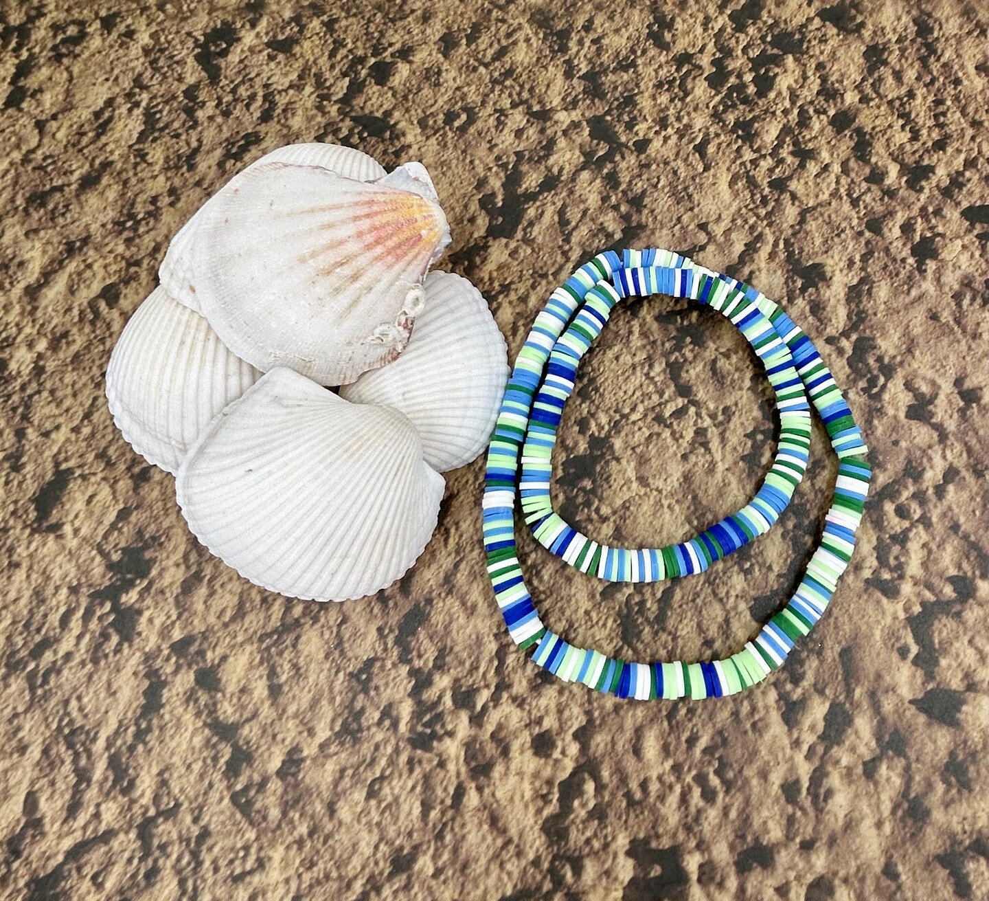 Copy-Light Green, Dark Green, Blue, and White Heishi Clay BRACELET