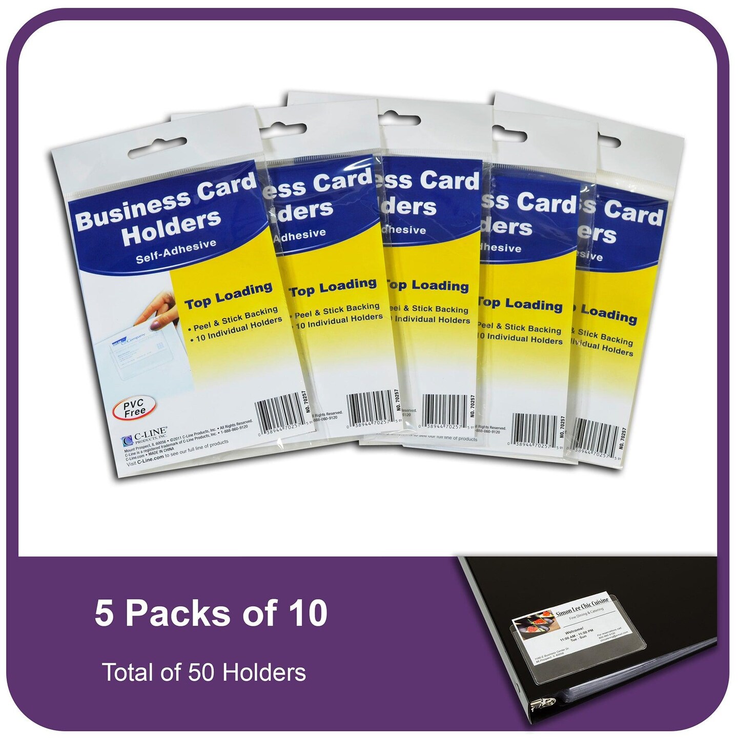 Self-Adhesive Business Card Holder, Top Load, 2&#x22; x 3-1/2&#x22;, 10 Per Pack, 5 Packs