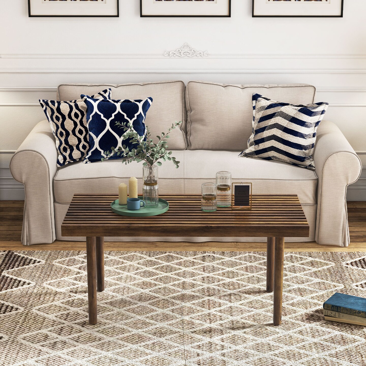 39 Inch Coffee Table With Slatted Tabletop For Living Room &#x26; Reception Room