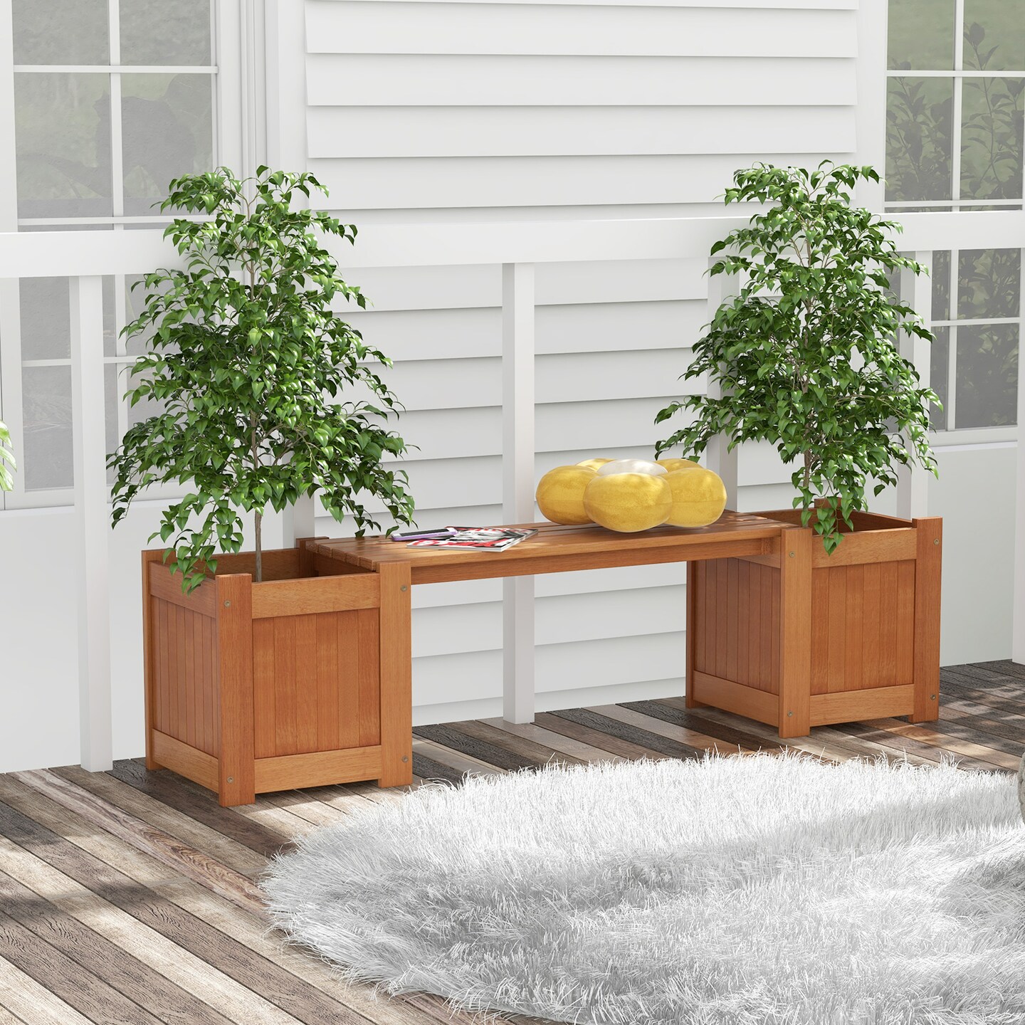 Outdoor Wooden Planter Box with Bench Raised Garden Bed Planter Natural