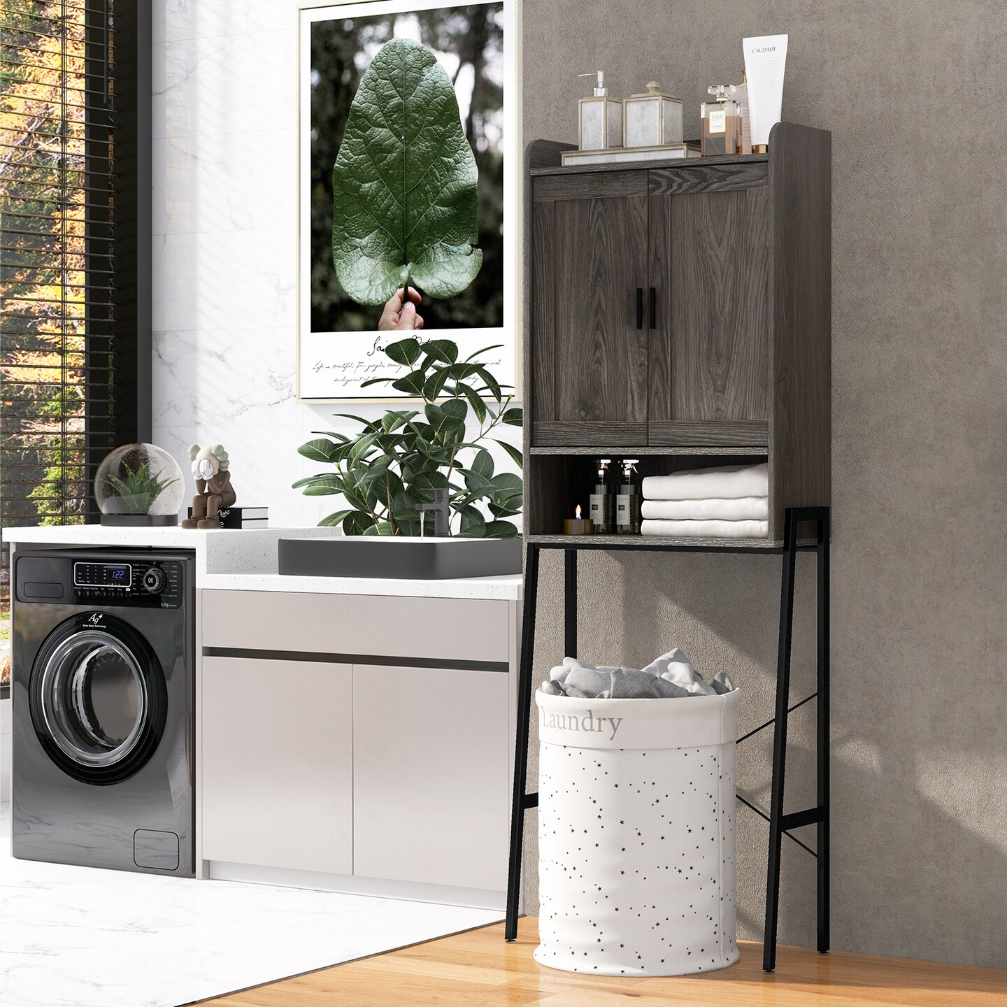 Over The Toilet Storage Cabinet Space Saver Organizer With Double Doors-Gray