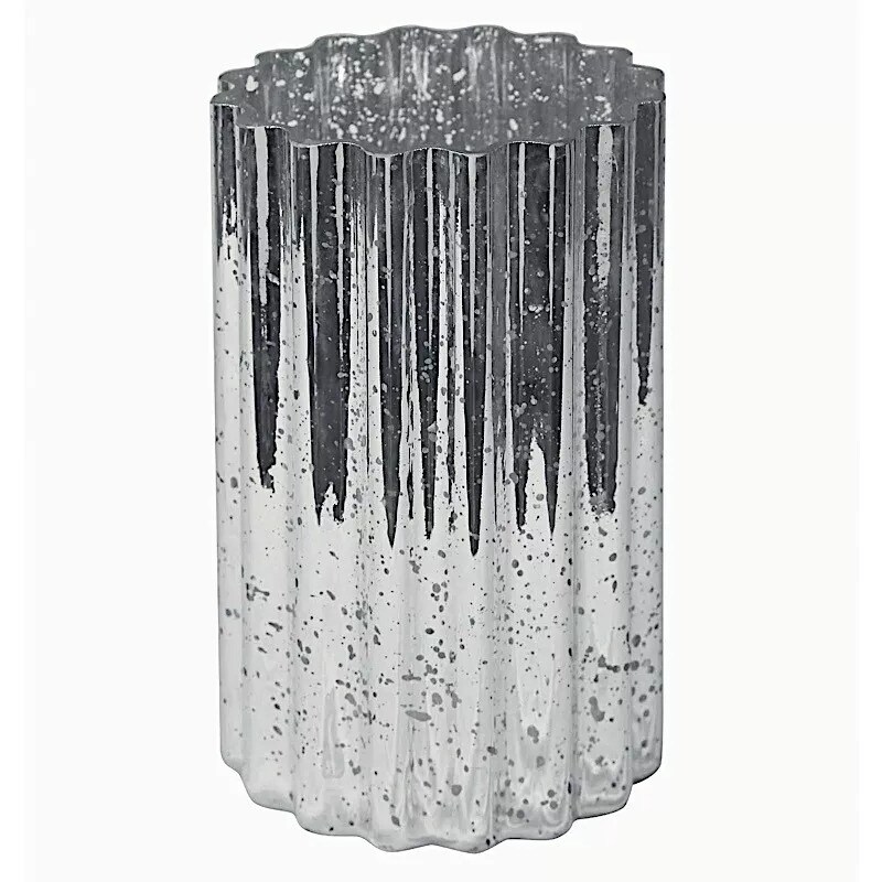 SILVER 9&#x22; Wavy Design Mercury GLASS Hurricane CANDLE HOLDER