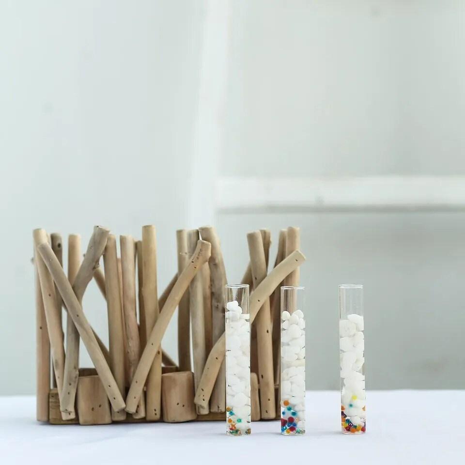 NATURAL 7&#x22; tall Wood Rustic Stand Glass Tubes Flower Vase Holder