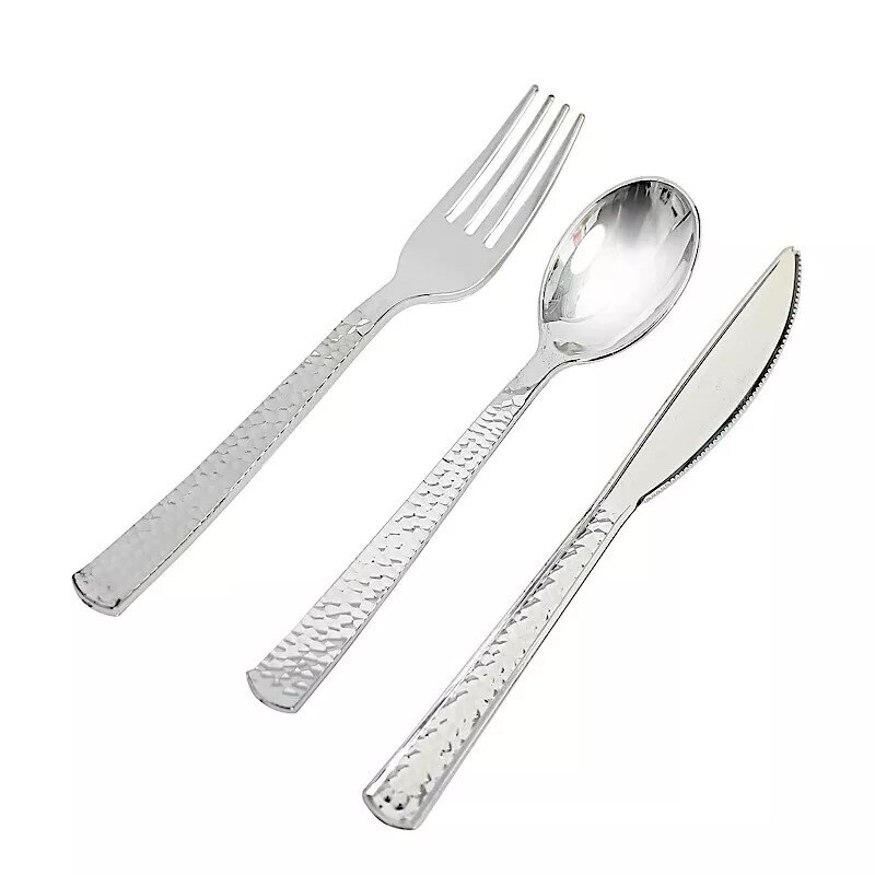 SILVER 24 Hammered Design 7&#x22; Plastic CUTLERY Spoons Forks