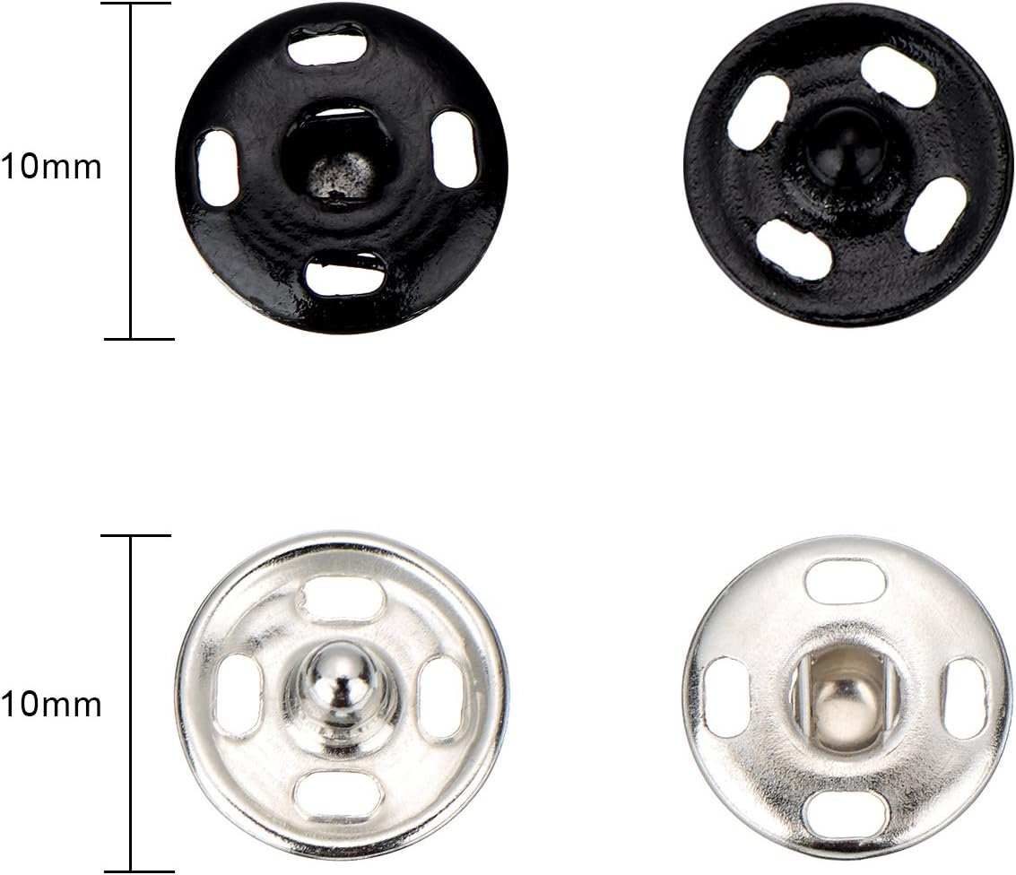 100 Sets Sew-on Snap Buttons Metal Snap Fastener Buttons Press Button for Sewing Clothing, Black and Silvery(10mm)