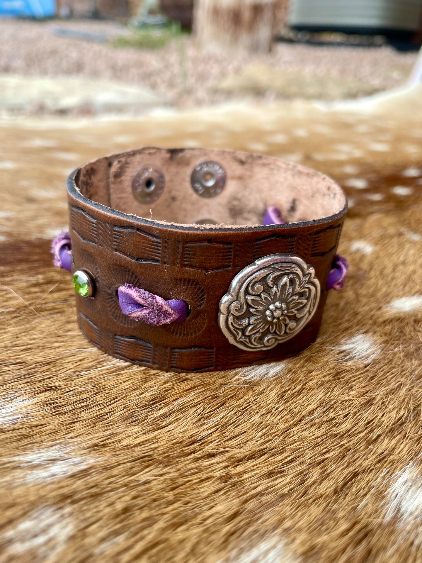 Brown Leather cuff bracelet, western tooled gift for women, floral