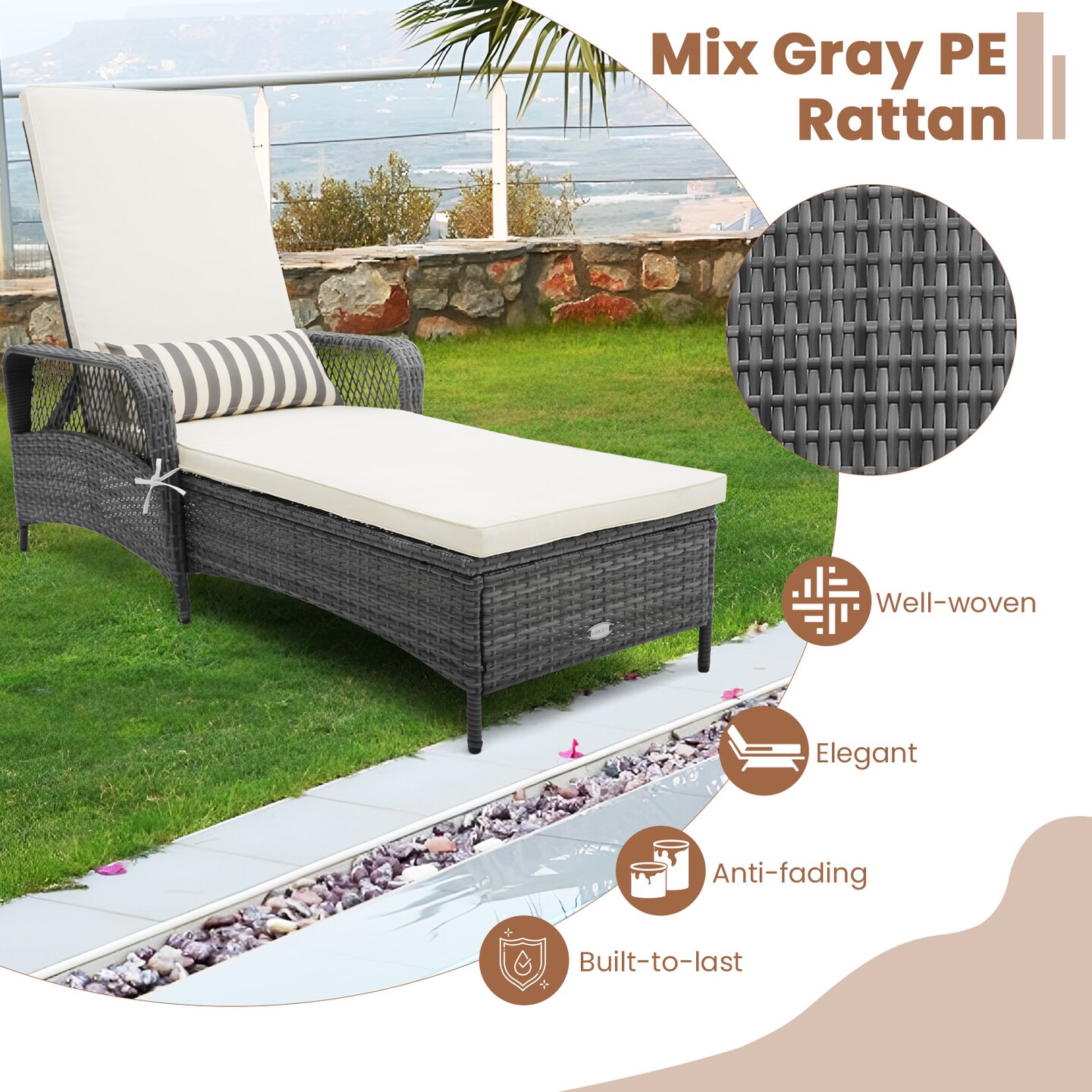 Outdoor Chaise Lounge Chair Recliner With 6-level Backrest Cushion And Pillow