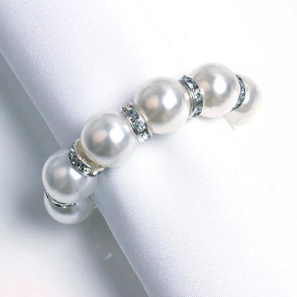 4 Silver White Faux Pearl Rhinestone Napkin Rings
