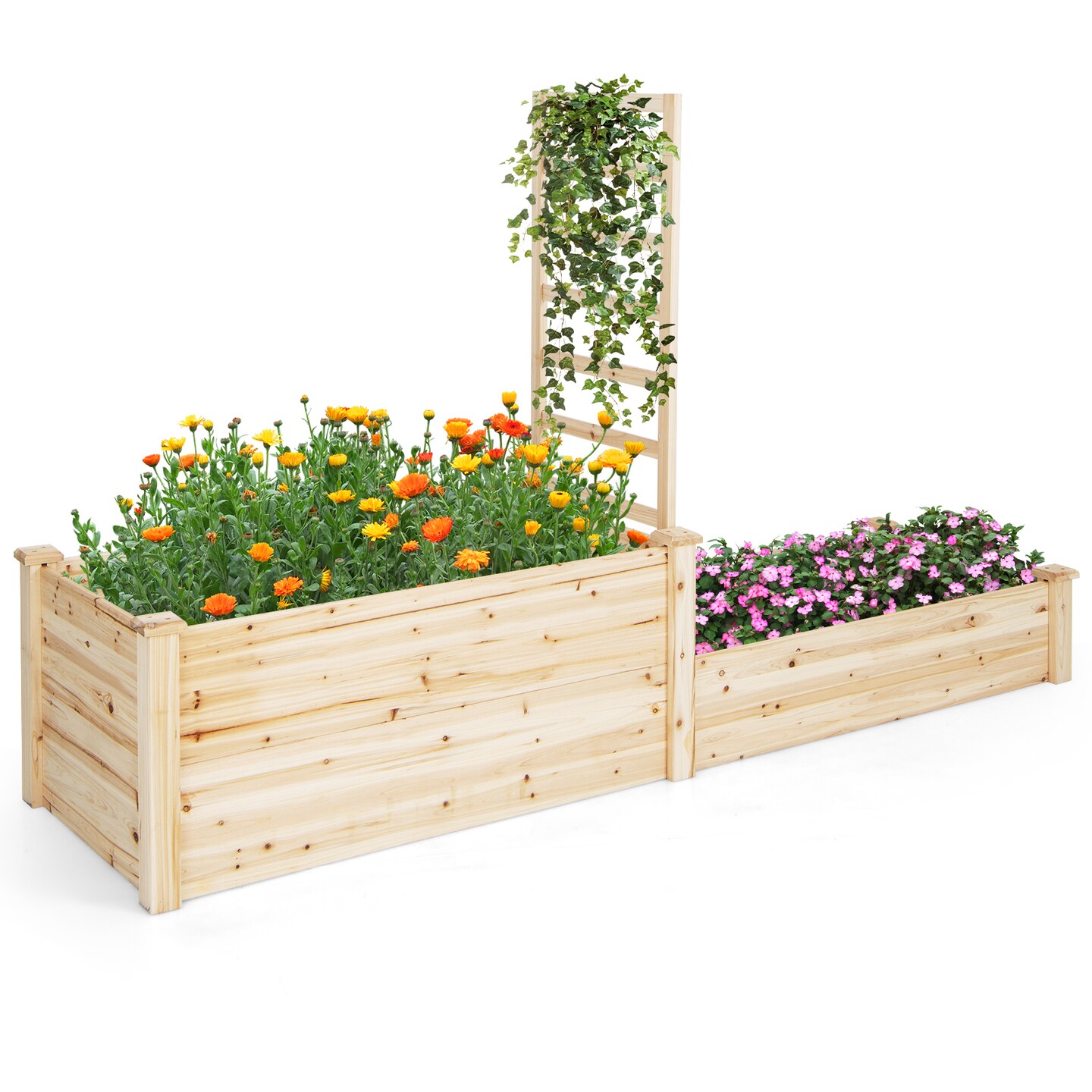 2-Tier Raised Garden Planter Natural Fir Wood with Trellis for Herbs and Vegetables