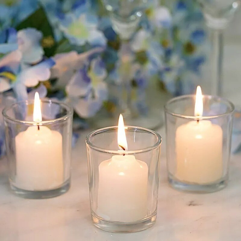 12 IVORY Round Votive Candles with Clear Glass Holders