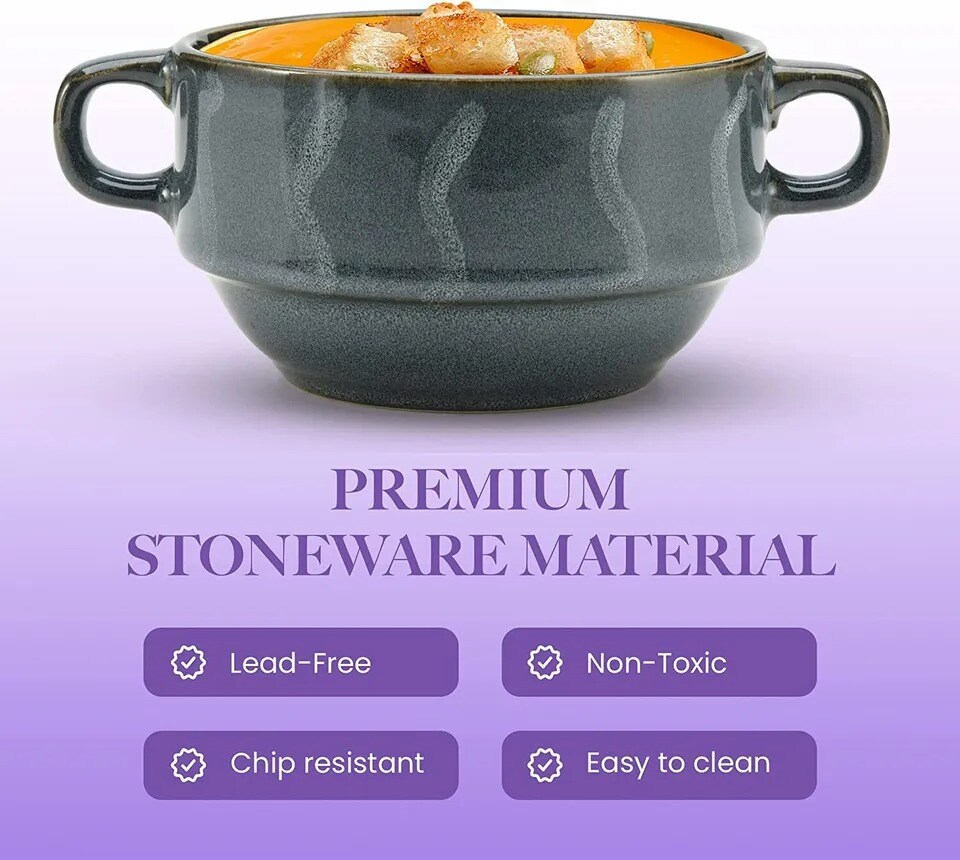 American Atelier Soup Bowls with Handles Set of 4, 16 Oz, Assorted Blue