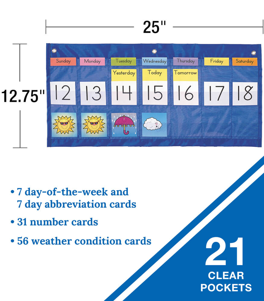 Carson Dellosa 25&#x22; x 12.75&#x22; Classroom Weekly Weather and Calendar Pocket Chart &#x2014;Days of the Week, Abbreviations, Numbers, With Weather Condition Illustration Cards, Weekly Calendar Pocket Chart Blue