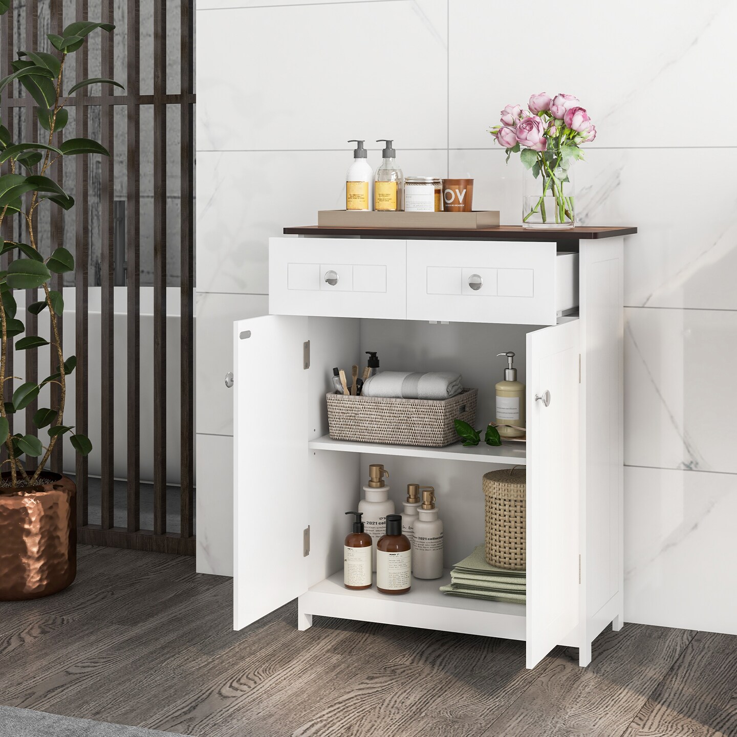 Freestanding Bathroom Floor Cabinet Storage Organizer With 2 Drawers-white