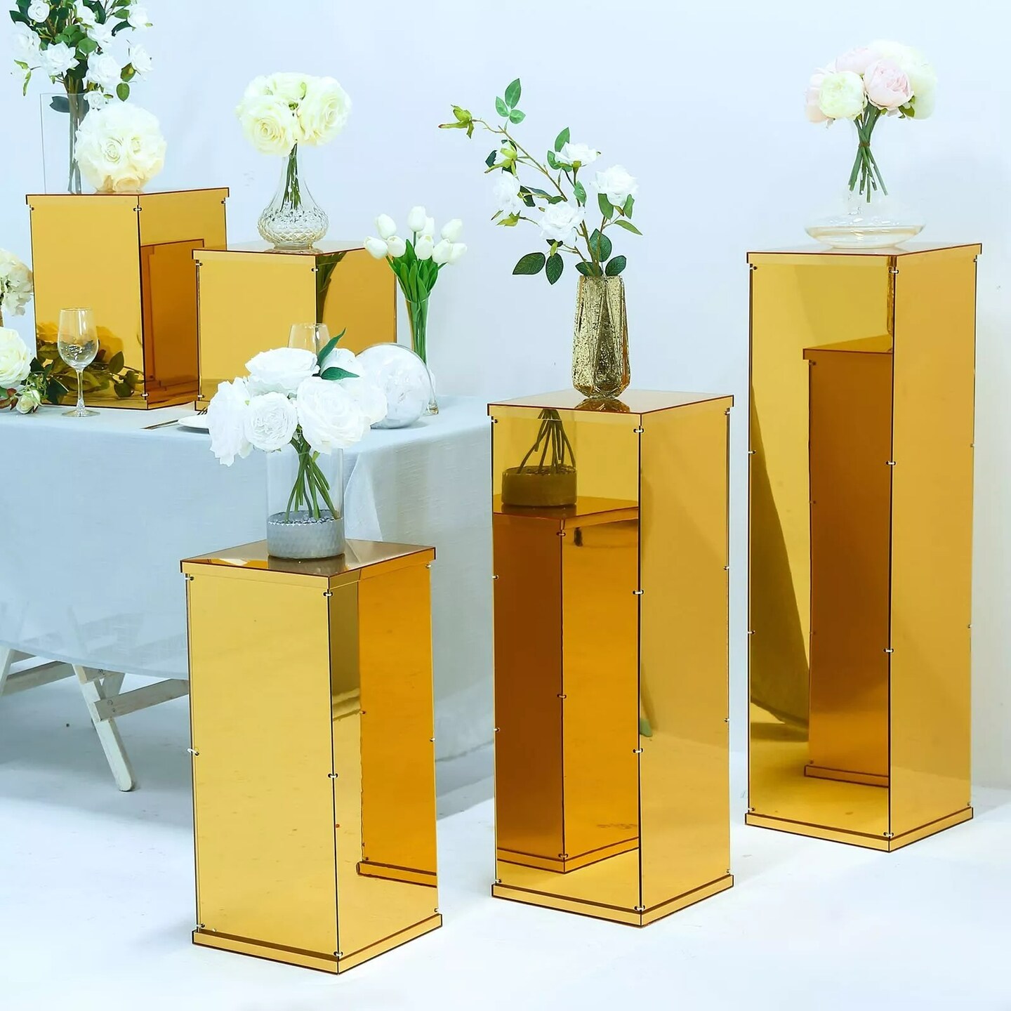 5 GOLD Acrylic DISPLAY BOXES Pedestal Riser Centerpiece