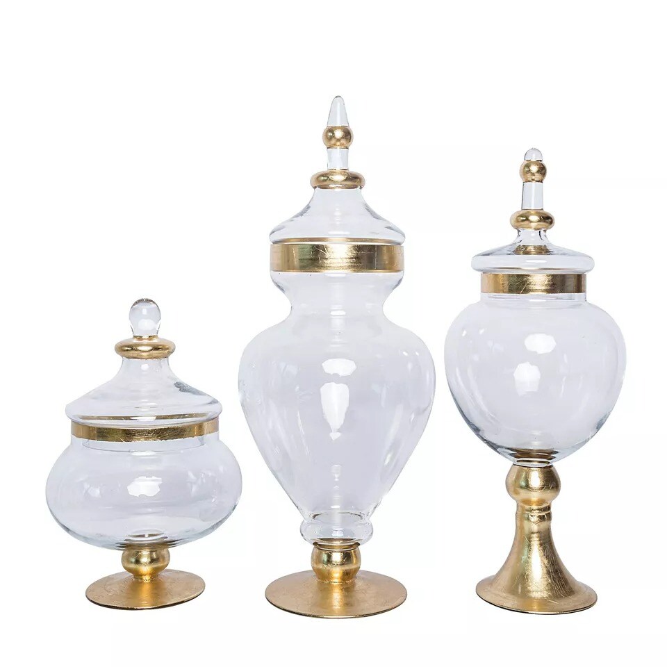 3 pcs 11" 16" 18" Clear with Gold Glass Apothecary Jars Containers with Lids