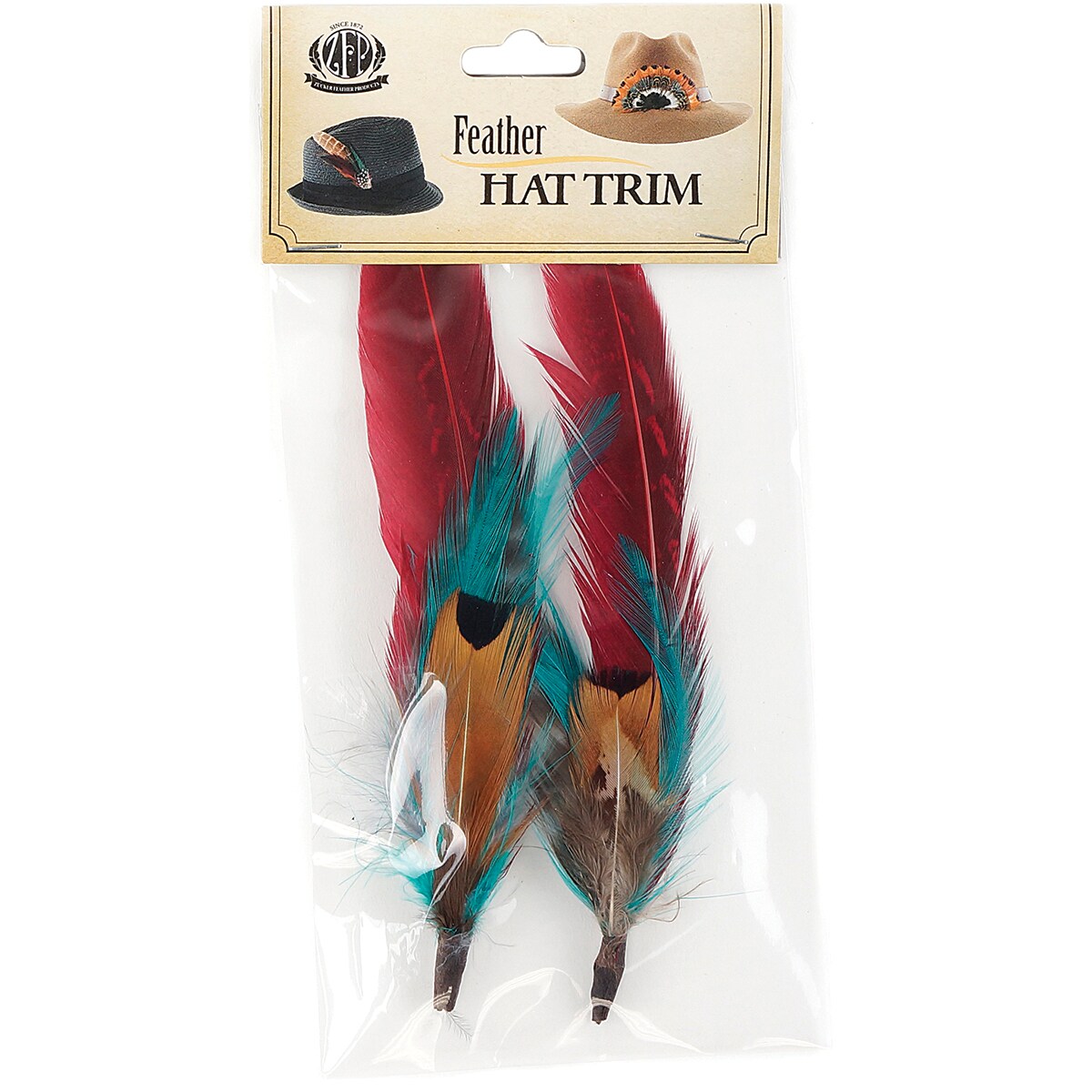 Pheasant Hackle Guinea Hat Trim 2pc-Dark Aqua And Tango Red