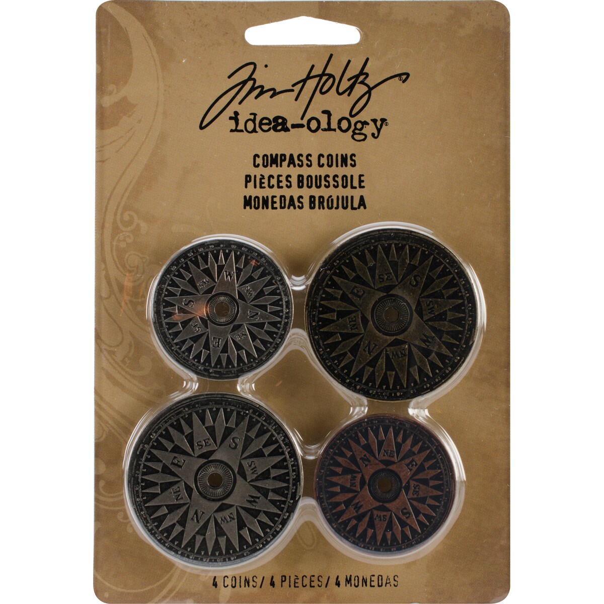 Idea-Ology Metal Compass Coins 1.25&#x22; &#x26; 1.5&#x22; 4/Pkg-Antique Nickel, Brass &#x26; Copper