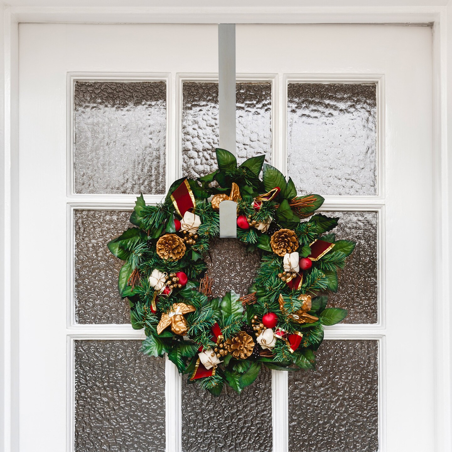RN&#x27;D Over Door Wreath Hook - Thin Silver Metal Overdoor Wreath Holder Seasonal Hanger for Front or Back Door &#x2013; 12&#x201D;