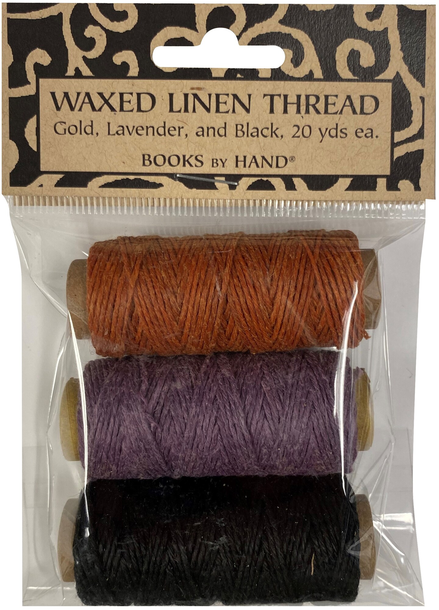 Lineco Waxed Linen 5 Ply Thread 3/Pkg-Lavender, Orange-Gold, Black; 20yd Each