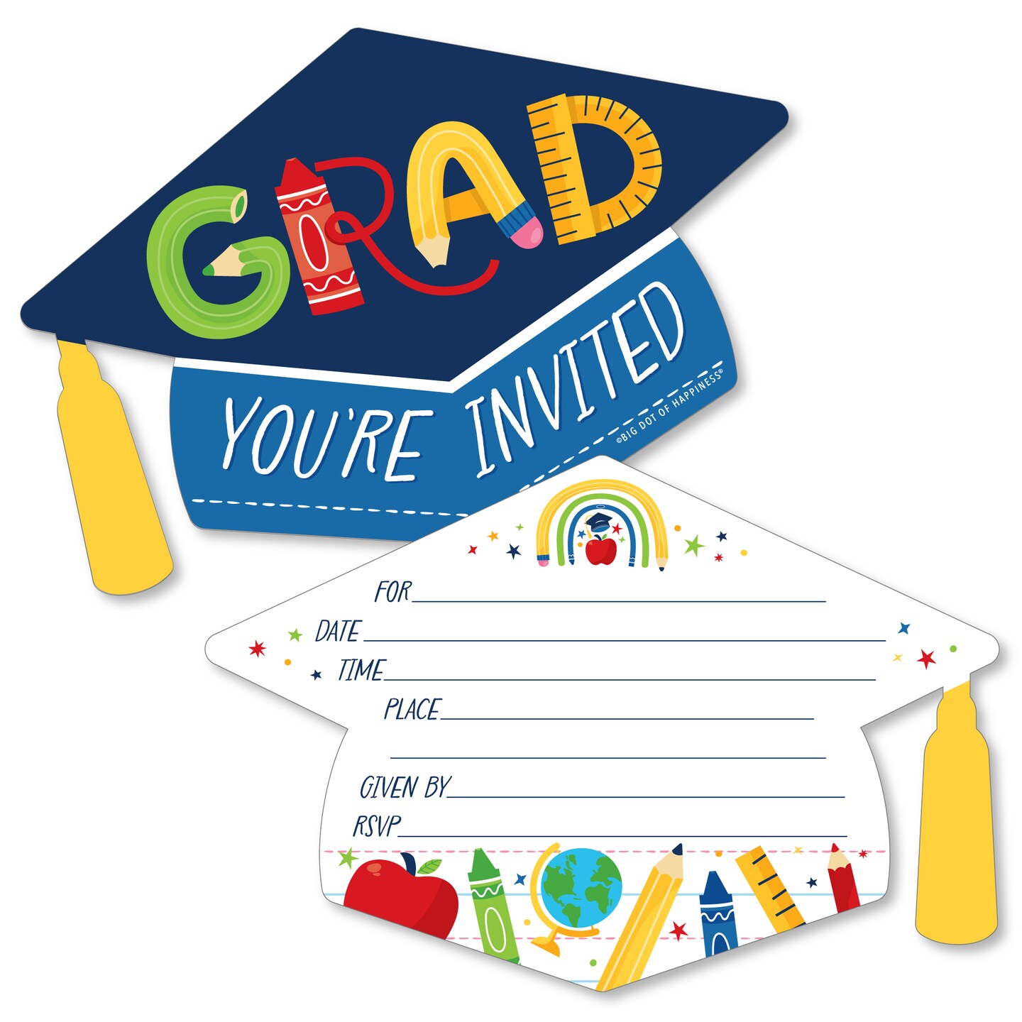 Big Dot of Happiness Kindergarten Grad - Shaped Fill-In Invitations - 4K Preschool Kids Graduation Party Invitation Cards with Envelopes - Set of 12