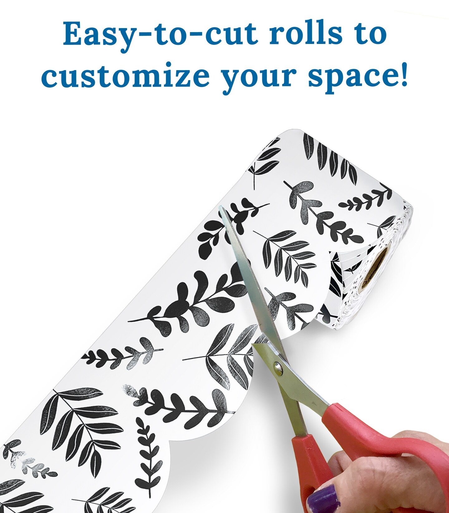 Carson Dellosa Farmhouse 65Ft of Black and White Bulletin Board Borders, 1 Roll of Scalloped Trim With Eucalyptus Leaves for Rolling Whiteboard, Cork and Posterboard, and Classroom Decor