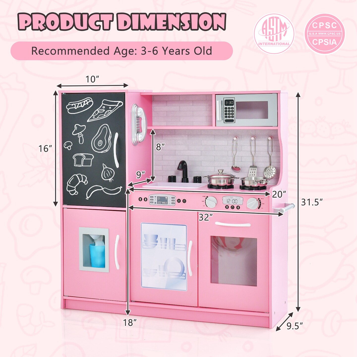 Costway Kid's Pretend Play Kitchen Toddler Kitchen Playset with Blackboard Pink/White/Light Pink/Beige