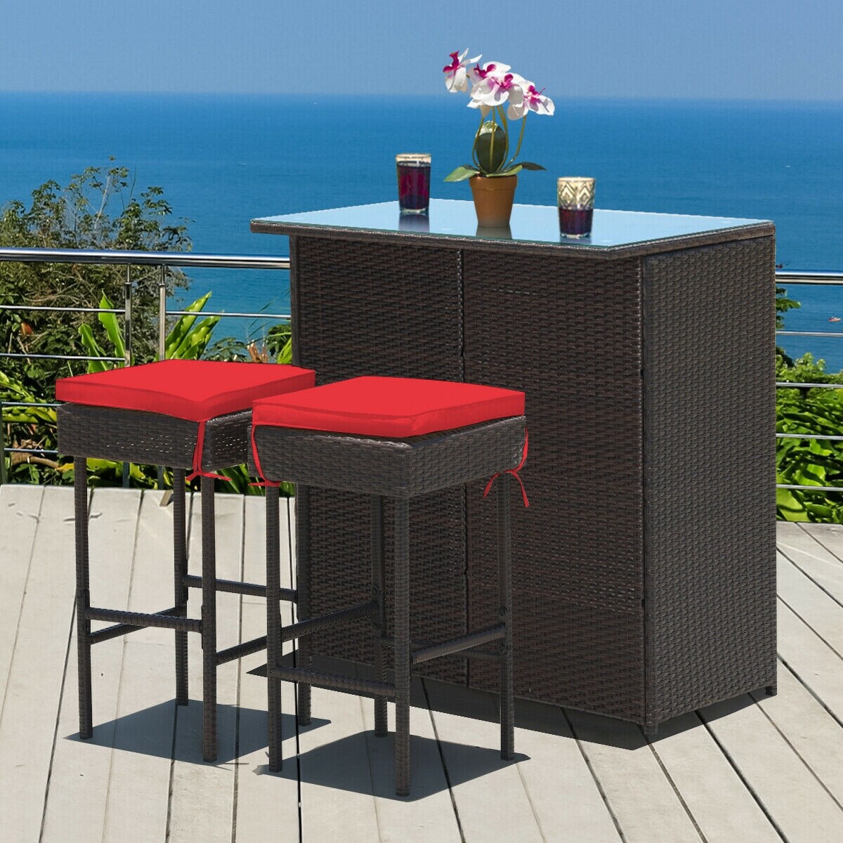 3-piece Rattan Wicker Bar Table Stools Dining Set Cushioned Chairs