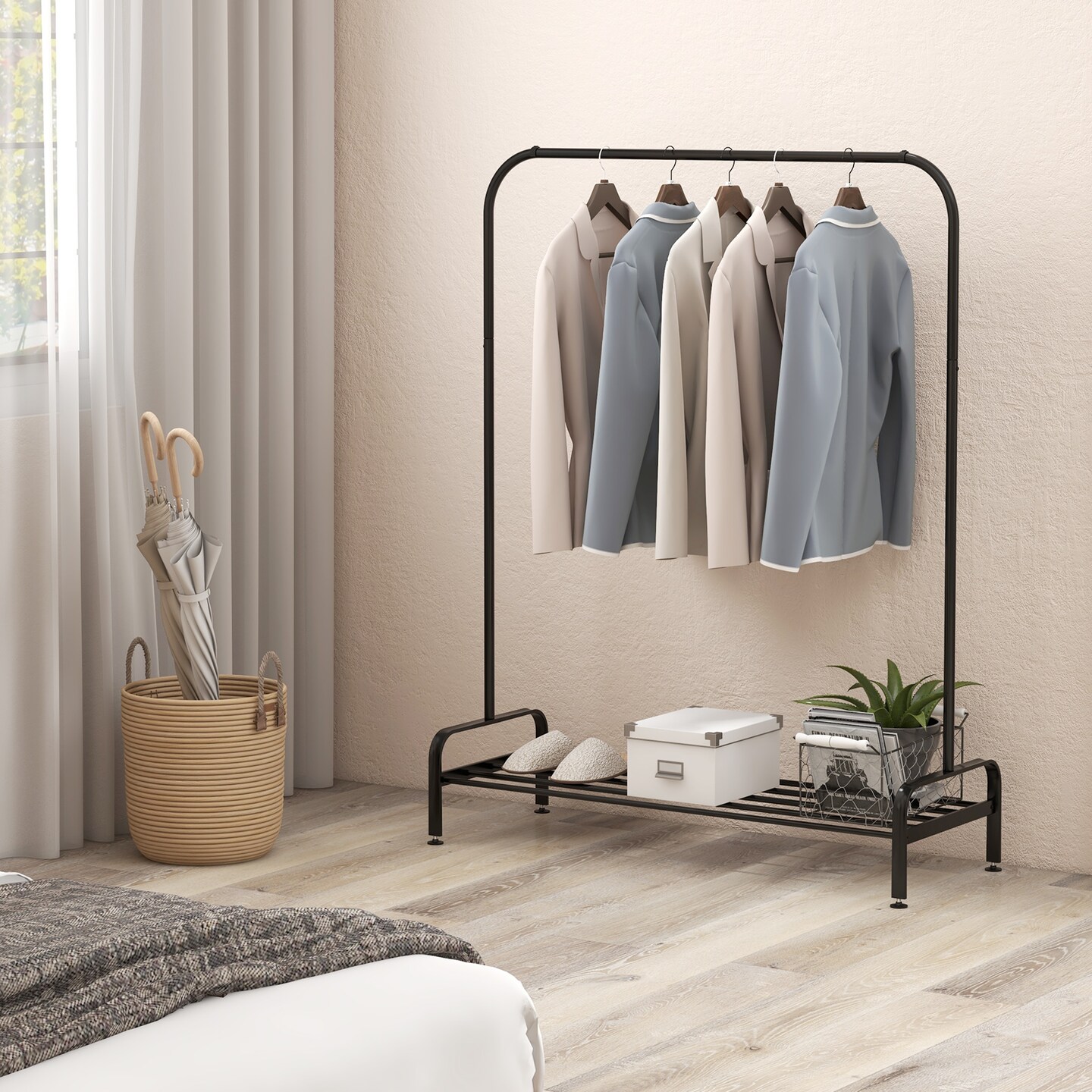 Black Metal Heavy Duty Clothes Stand Rack with Top Rod and Lower Storage Shelf