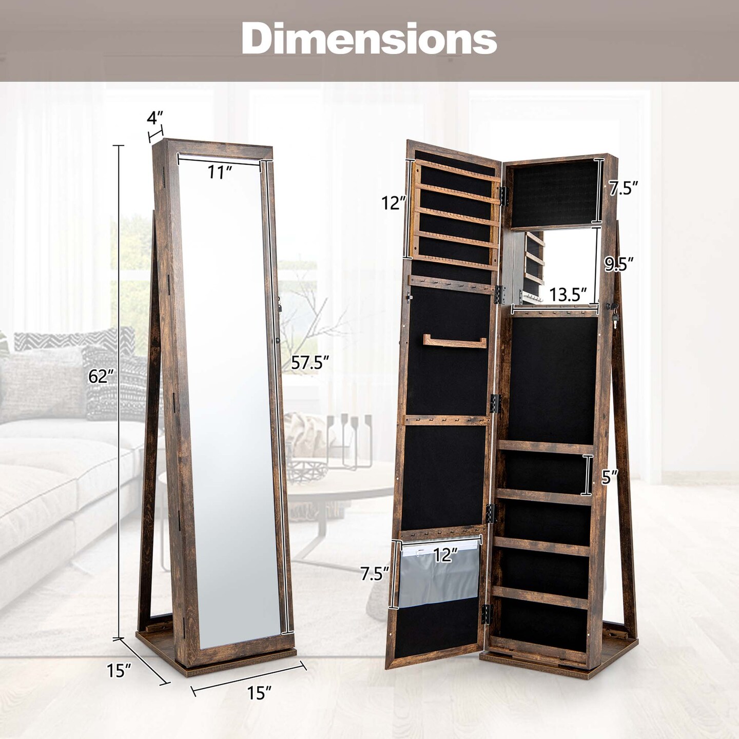 Costway Mirrored Jewelry Cabinet Armoire Lockable Standing Storage Organizer with Shelf Black/White/Coffee/Dark Brown