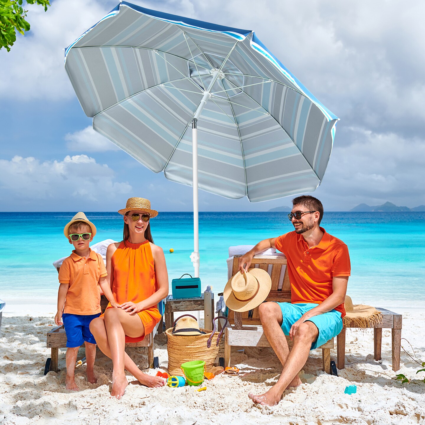 Patio Beach Umbrella with Cup Holder Table and Sandbag