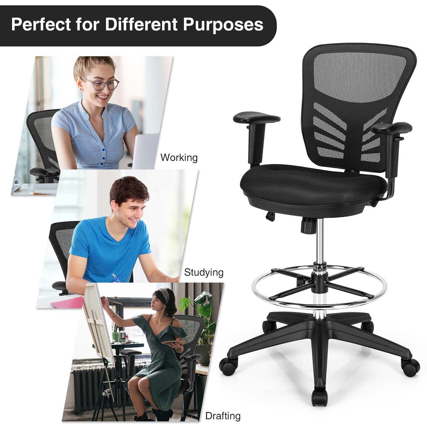 Costway Mesh Drafting Chair Office Chair w/Adjustable Armrests &#x26; Foot-Ring