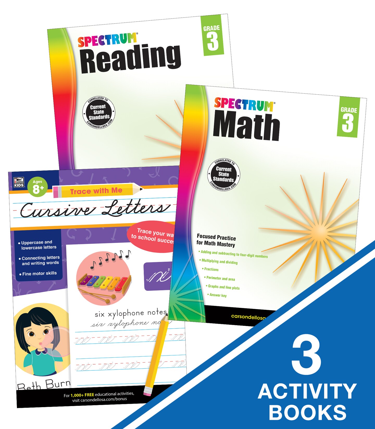 Carson Dellosa 3rd Grade Homeschool Learning Kit&#x2014;Spectrum Reading and Math Workbooks, Cursive Handwriting Workbook, Division and Multiplication Flash Cards, Posters, and STEM Activities (8 pc)