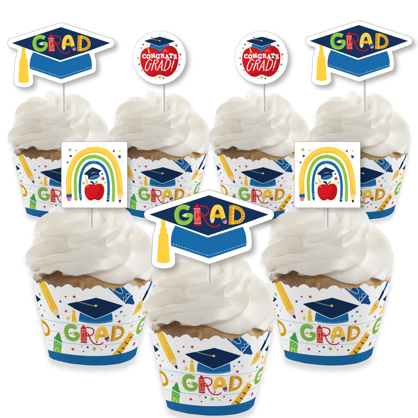 Big Dot of Happiness Kindergarten Grad - Cupcake Decoration - 4K Preschool Kids Graduation Party Cupcake Wrappers and Treat Picks Kit - Set of 24