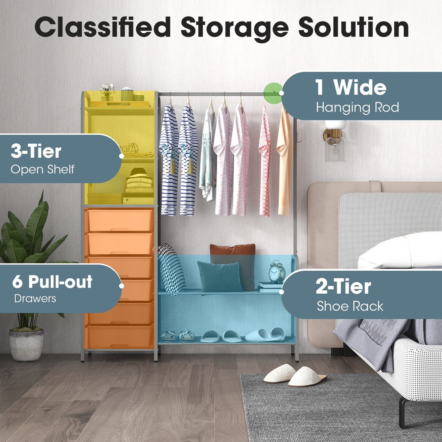 Free Standing Closet Organizer with Removable Drawers and Shelves-Grey