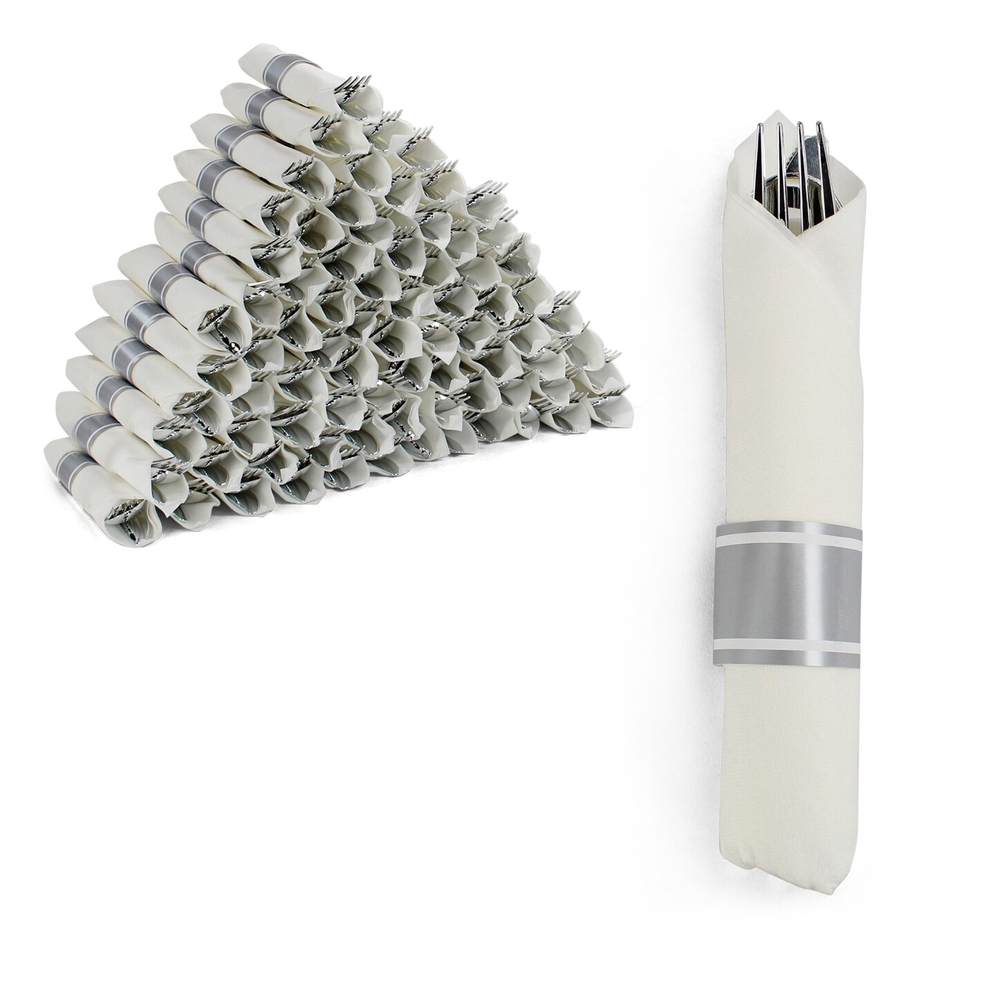 Spec101 Plastic Silverware in Silver Color - 180pk Pre Wrapped Plastic Cutlery