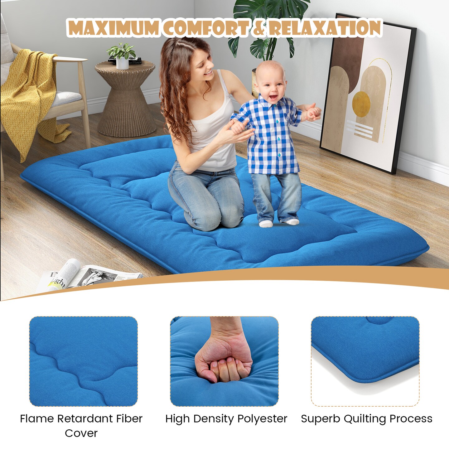 Costway Full/King/Queen/Twin Futon Mattress Japanese Floor Sleeping Pad Washable Cover Carry Bag Blue