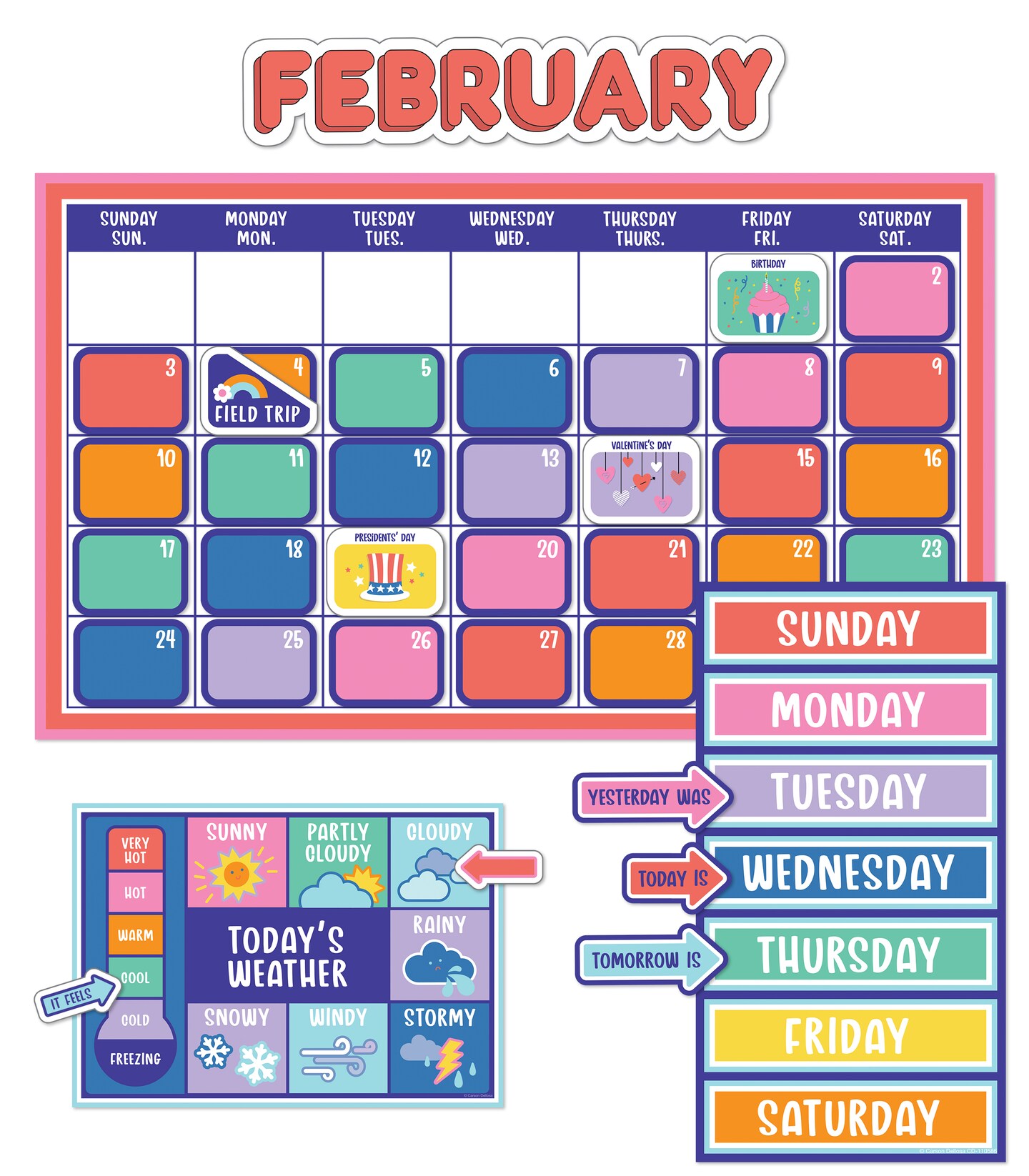 Carson Dellosa We Stick Together 163 pc Set Wall Calendar, Monthly Headers, Holidays, Birthdays, Number Cover Ups, Seasons, Days of the Week Chart, and More, Groovy Bulletin Board and Classroom Decor